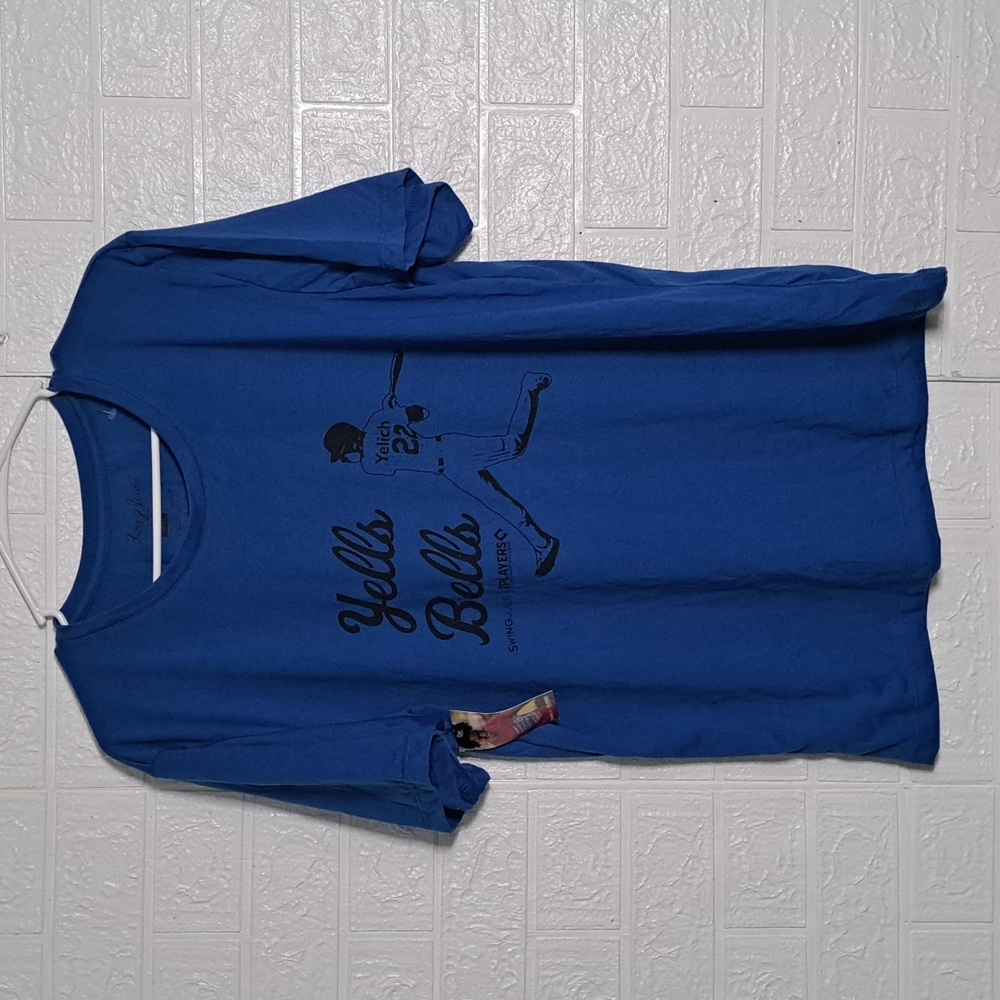 Christian Yelich Yells Bells Swing Juice T-shirt sz L Royal Blue Black